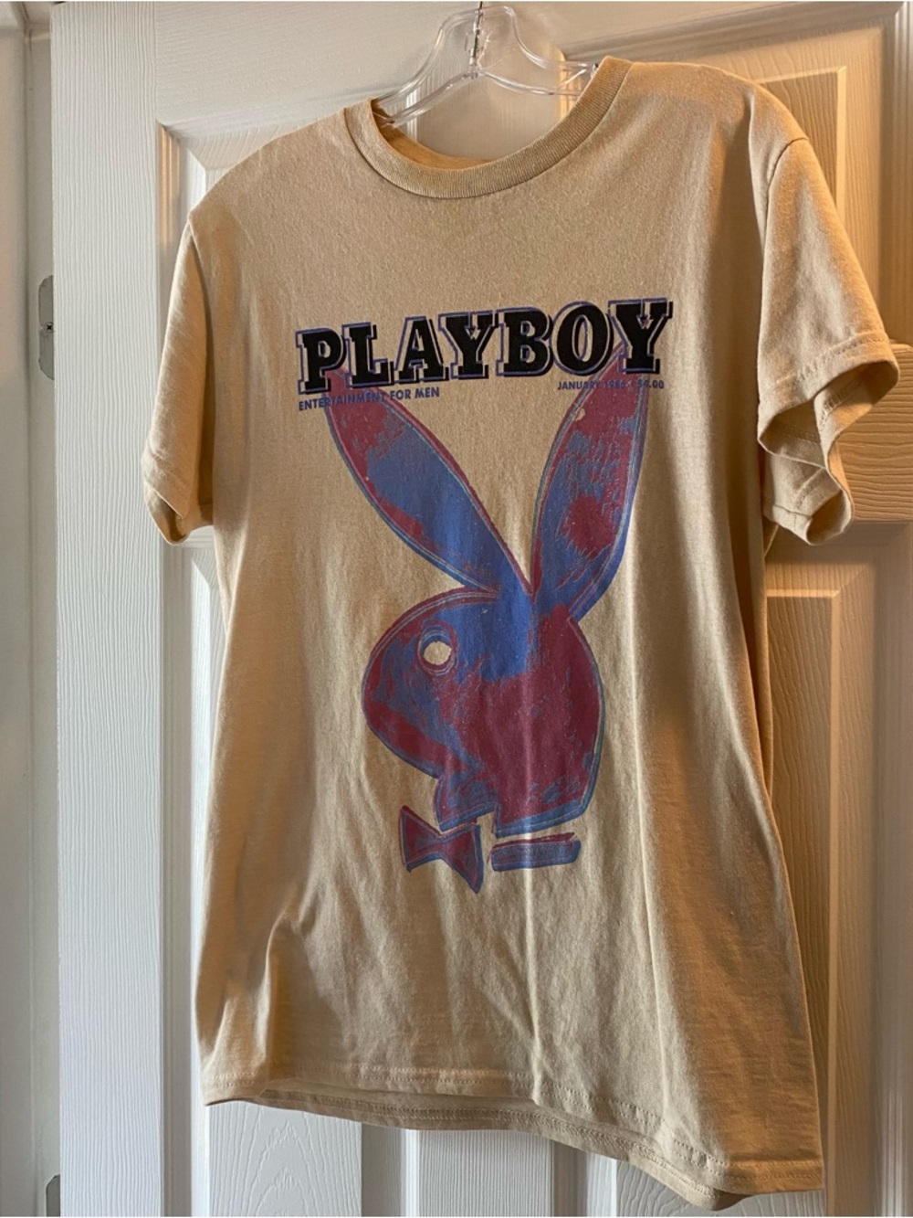 PLAYBOY Cream Short Sleeve Tee with Blue and Red Bunny Graphic